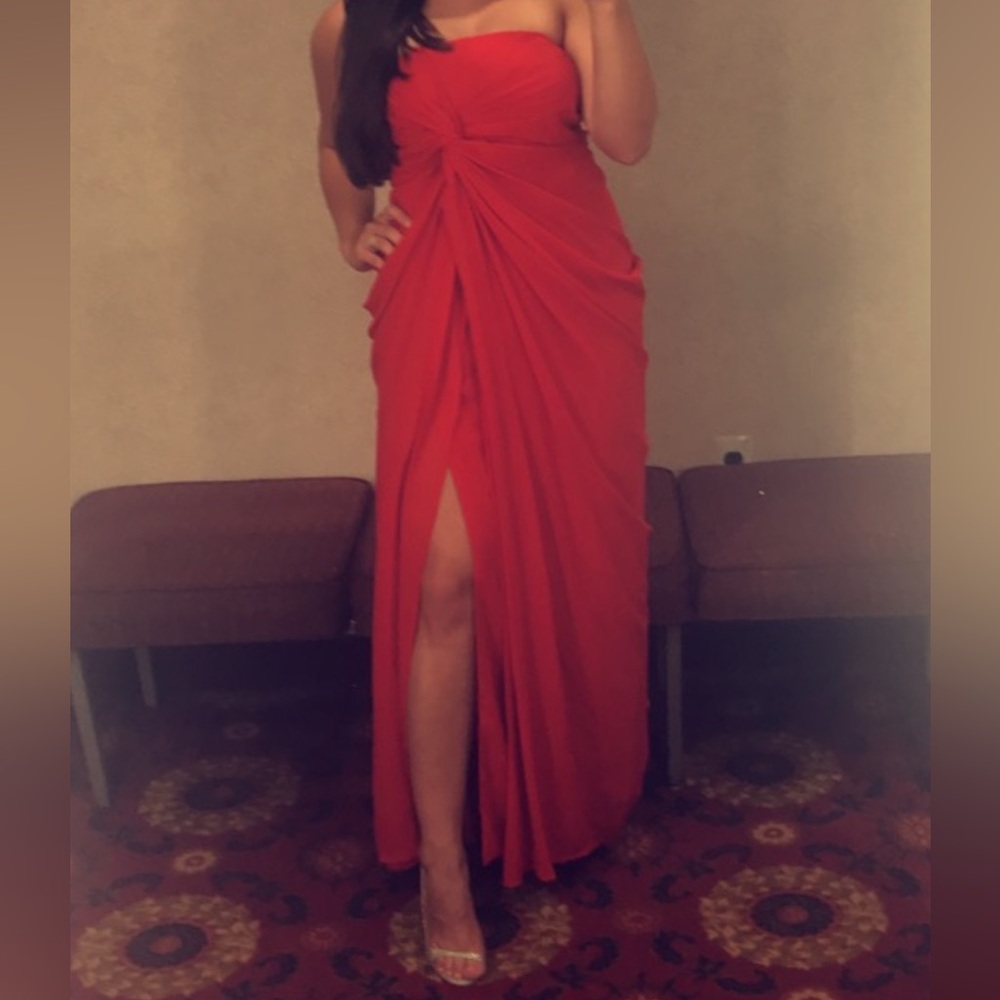 Red strapless dress